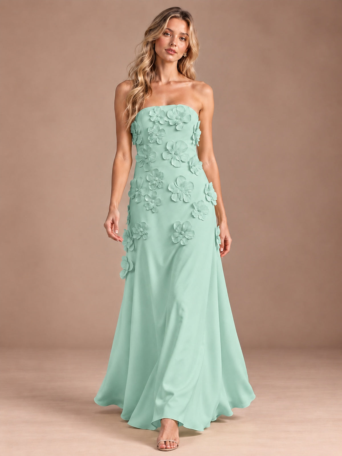 Yellow Strapless A-line Satin Maxi Dress with 3D Floral