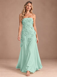 Yellow Strapless A-line Satin Maxi Dress with 3D Floral