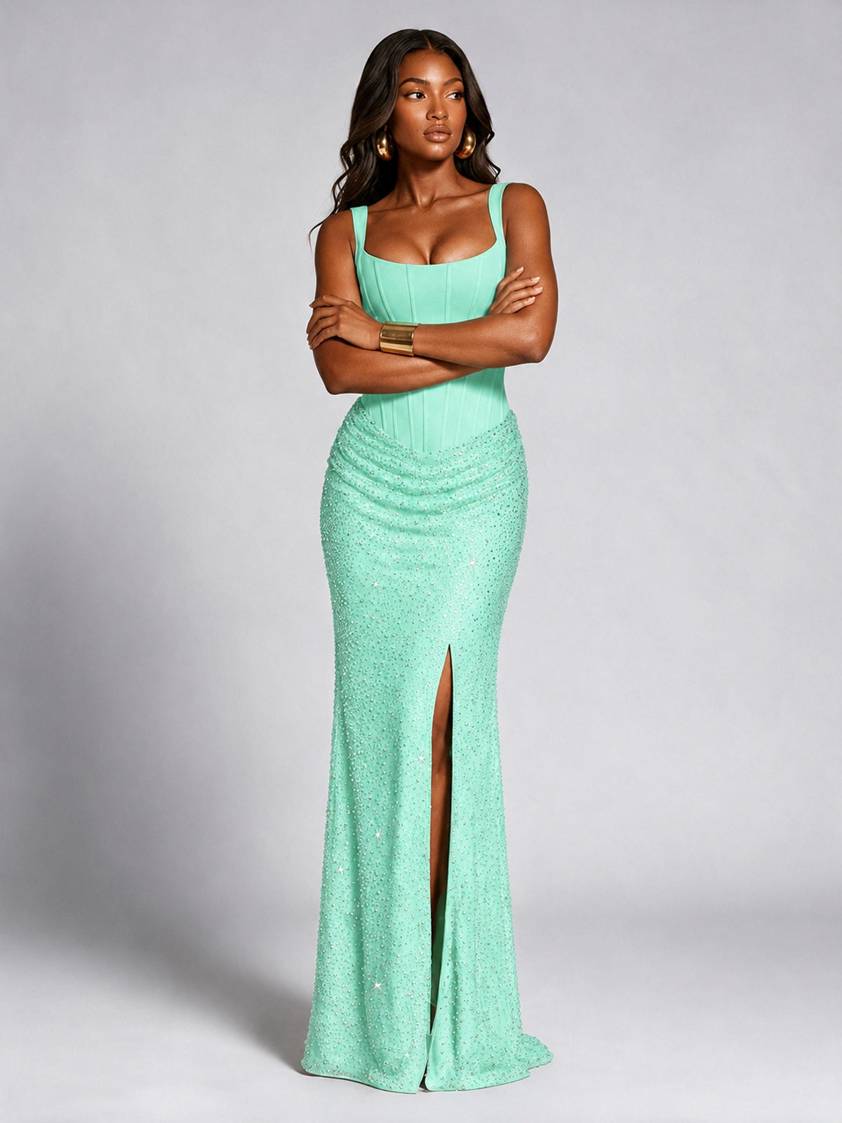 Sequin Corset Mermaid Prom Dress with Square Neck Wide Strap High Slit