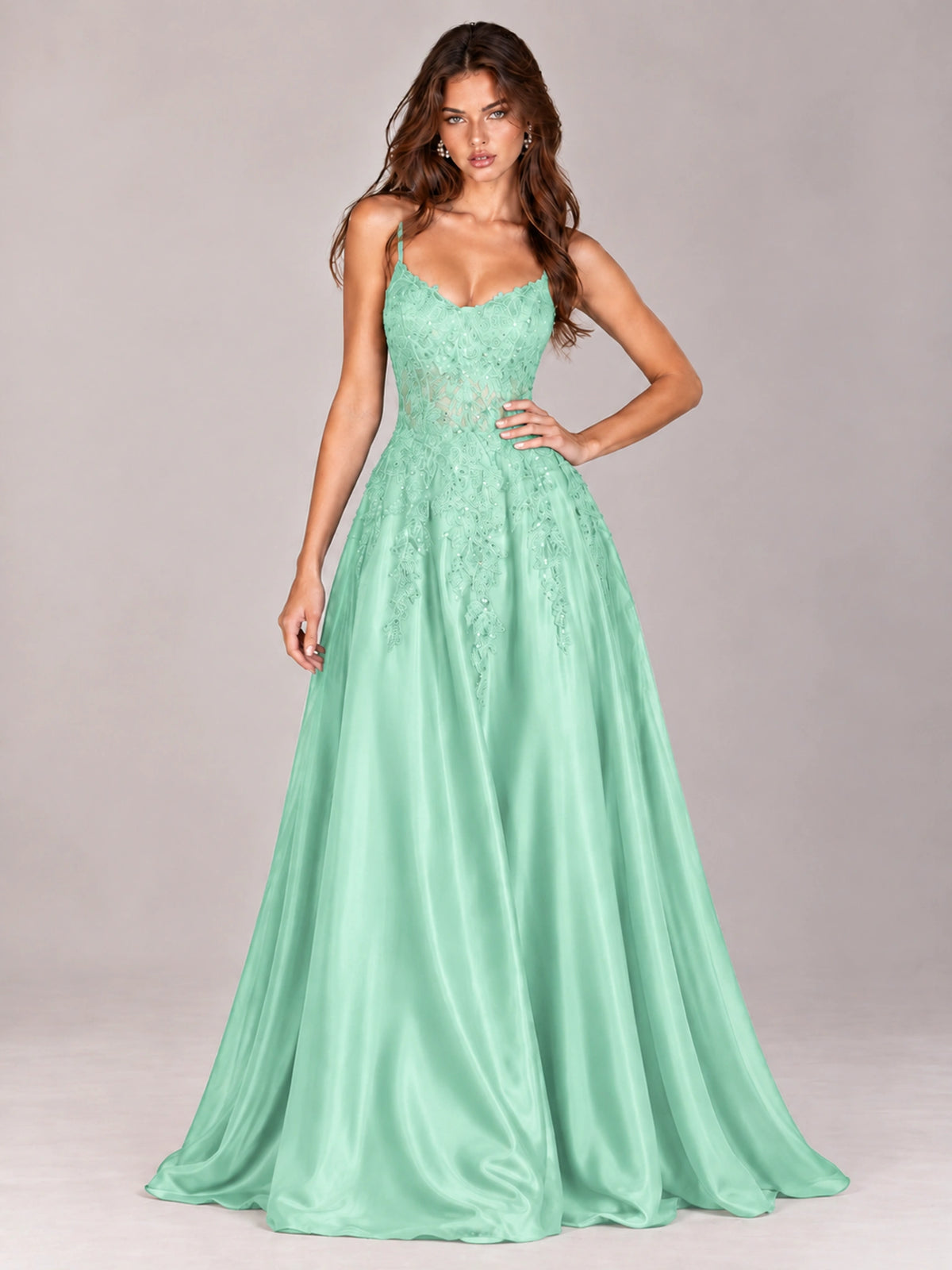 Lace Applique Satin A-Line Prom Dress with Sheer Bodice