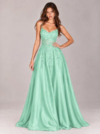 Lace Applique Satin A-Line Prom Dress with Sheer Bodice