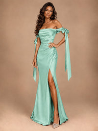 Off The Shuolder Satin Prom Dress Slit Mermaid Formal Gowns