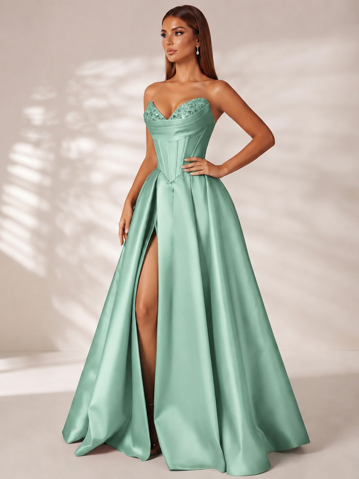 Strapless Corset Satin Prom Dress Long Evening Gown with High Slit