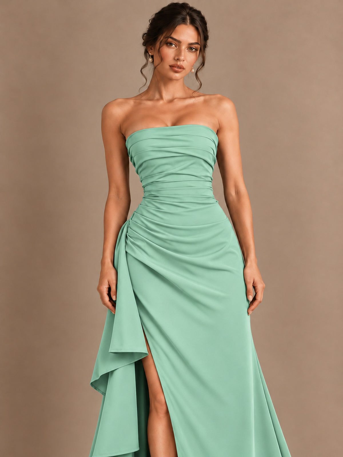 Black and White Strapless Ruched Prom Dress with High Slit & Side Drape