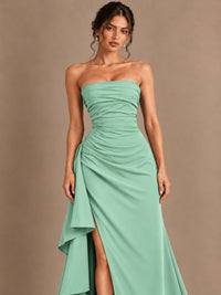 Black and White Strapless Ruched Prom Dress with High Slit & Side Drape