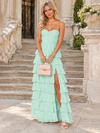 Ruffled Tiered Chiffon Prom Dress Spaghetti Straps Formal Maxi Dress with Slit