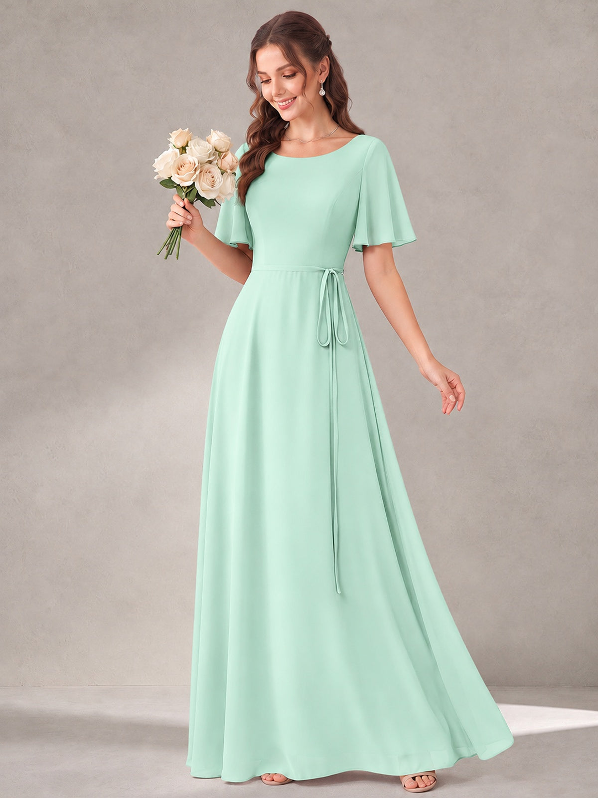 Scoop Neck A-line Chiffon Bridesmaid Dress with Flutter Sleeve & Belt
