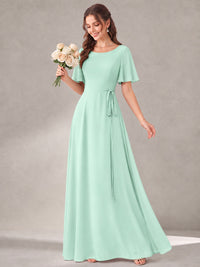 Scoop Neck A-line Chiffon Bridesmaid Dress with Flutter Sleeve & Belt