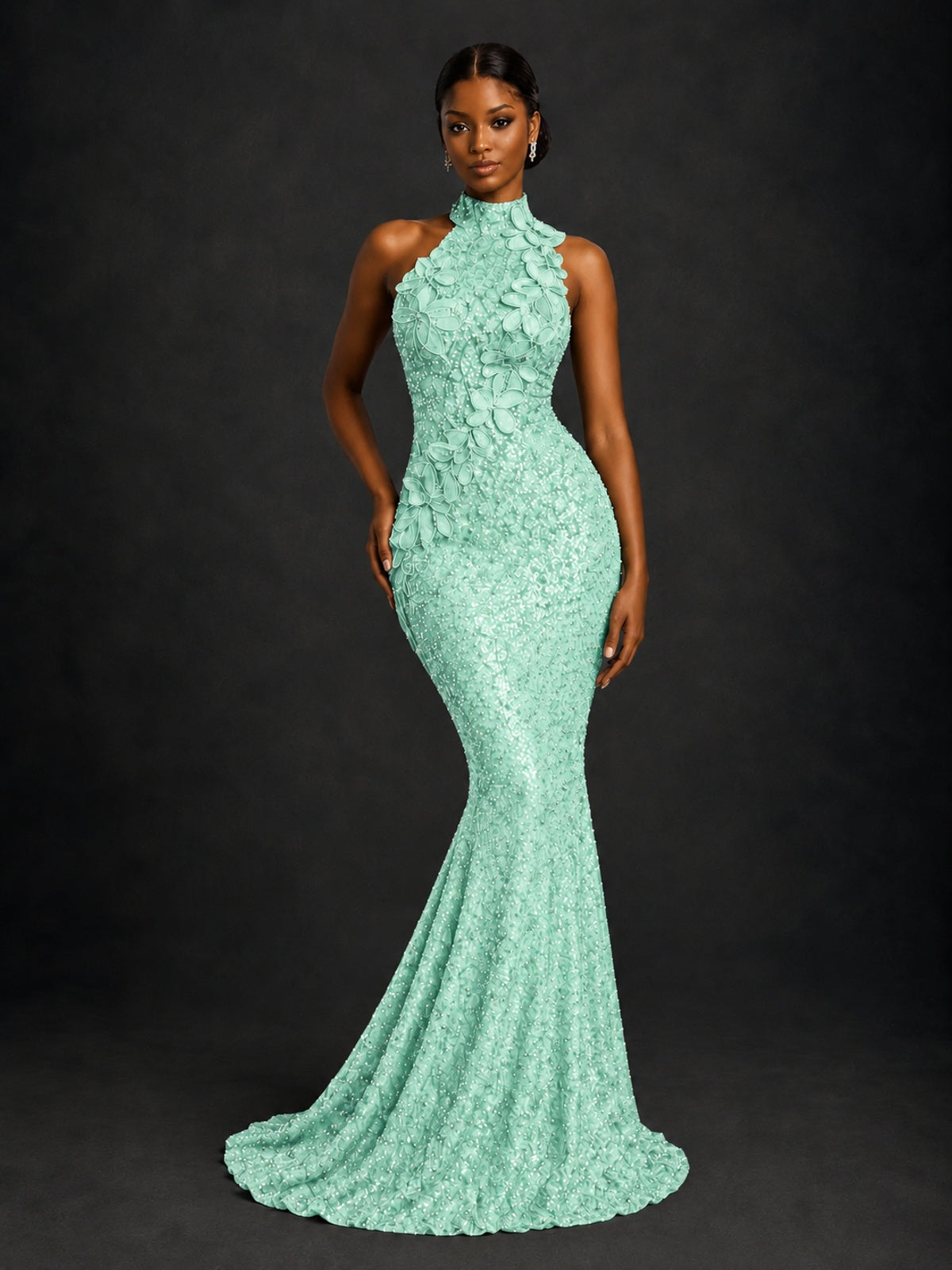 Sparkly Sequin High Neck Mermaid Prom Dress