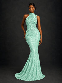 Sparkly Sequin High Neck Mermaid Prom Dress