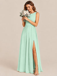 A-line Sleeveless Rucehd Chiffon Bridesmaid Dress with High Slit