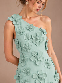 Sage Green One Shoulder Satin Formal Maxi Dress with 3D Floral