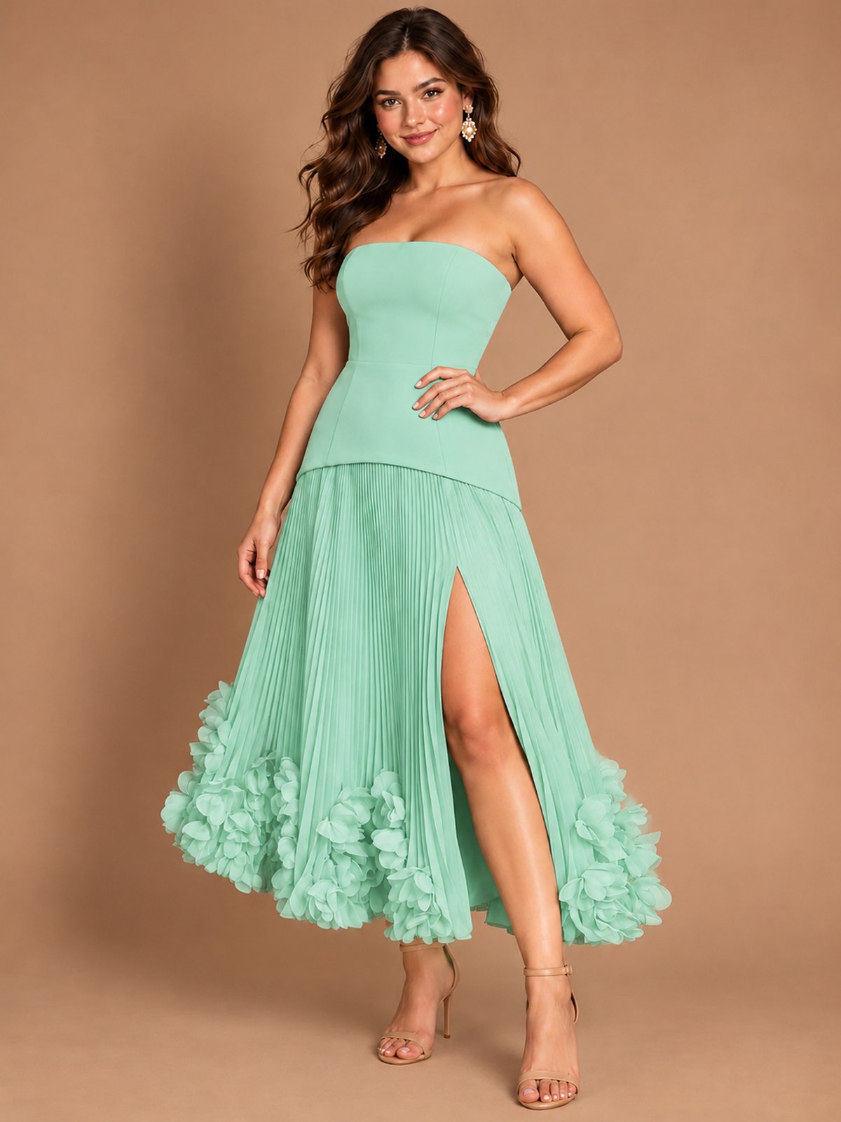 Navy Blue Strapless Pleated A-Line Midi Dress with 3D Floral Applique
