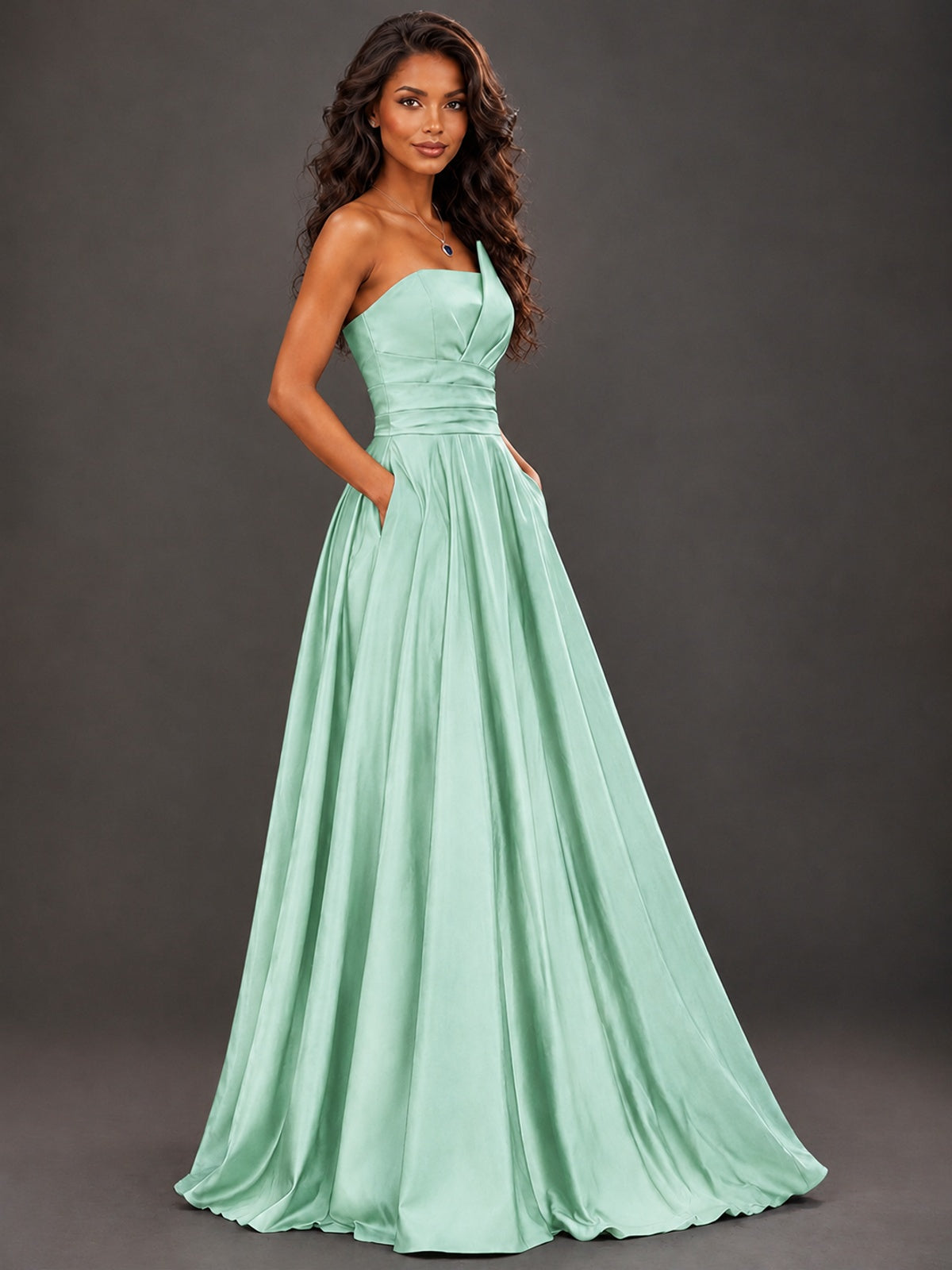 Draped Satin Prom Dress Strapless A-line Formal Dress Floor Length