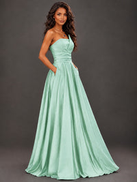 Draped Satin Prom Dress Strapless A-line Formal Dress Floor Length