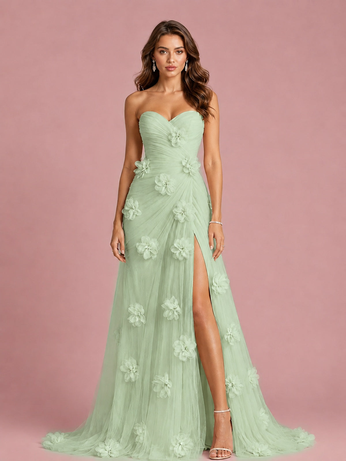 3D Floral Applique Strapless Tulle Prom Dress with High Slit