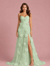 3D Floral Applique Strapless Tulle Prom Dress with High Slit