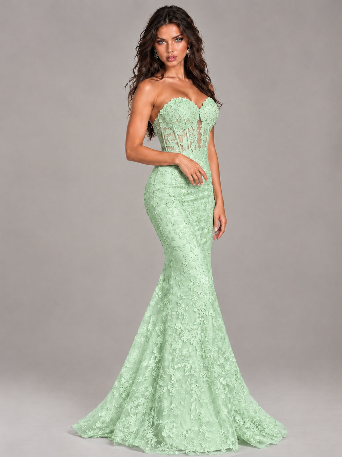 Strapless Corset Mermaid Prom Dress Lace Appliqué Formal Gown