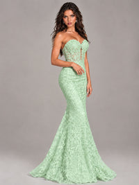 Strapless Corset Mermaid Prom Dress Lace Appliqué Formal Gown