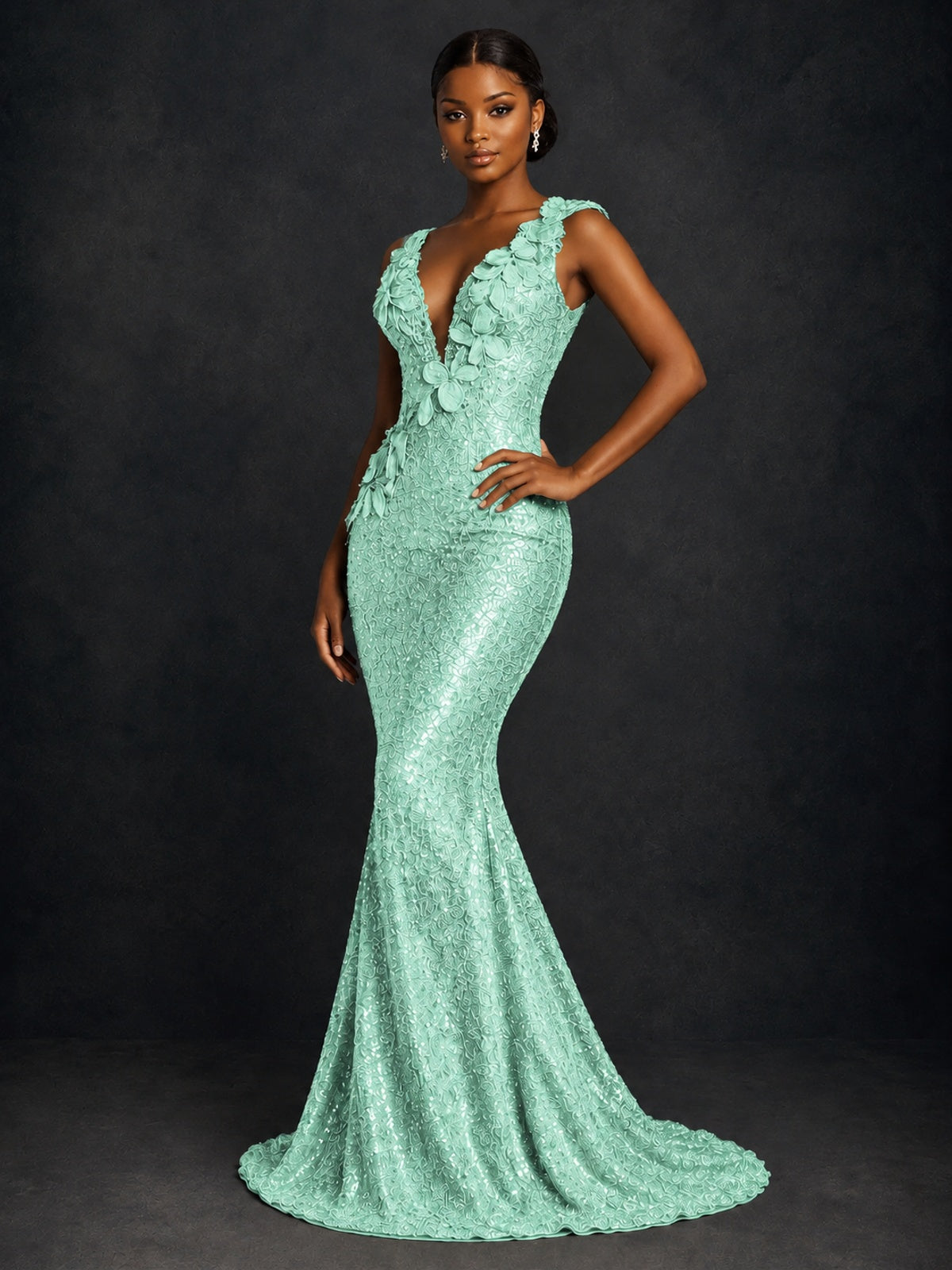 Gold Sequin Floral Applique Mermaid Prom Dress