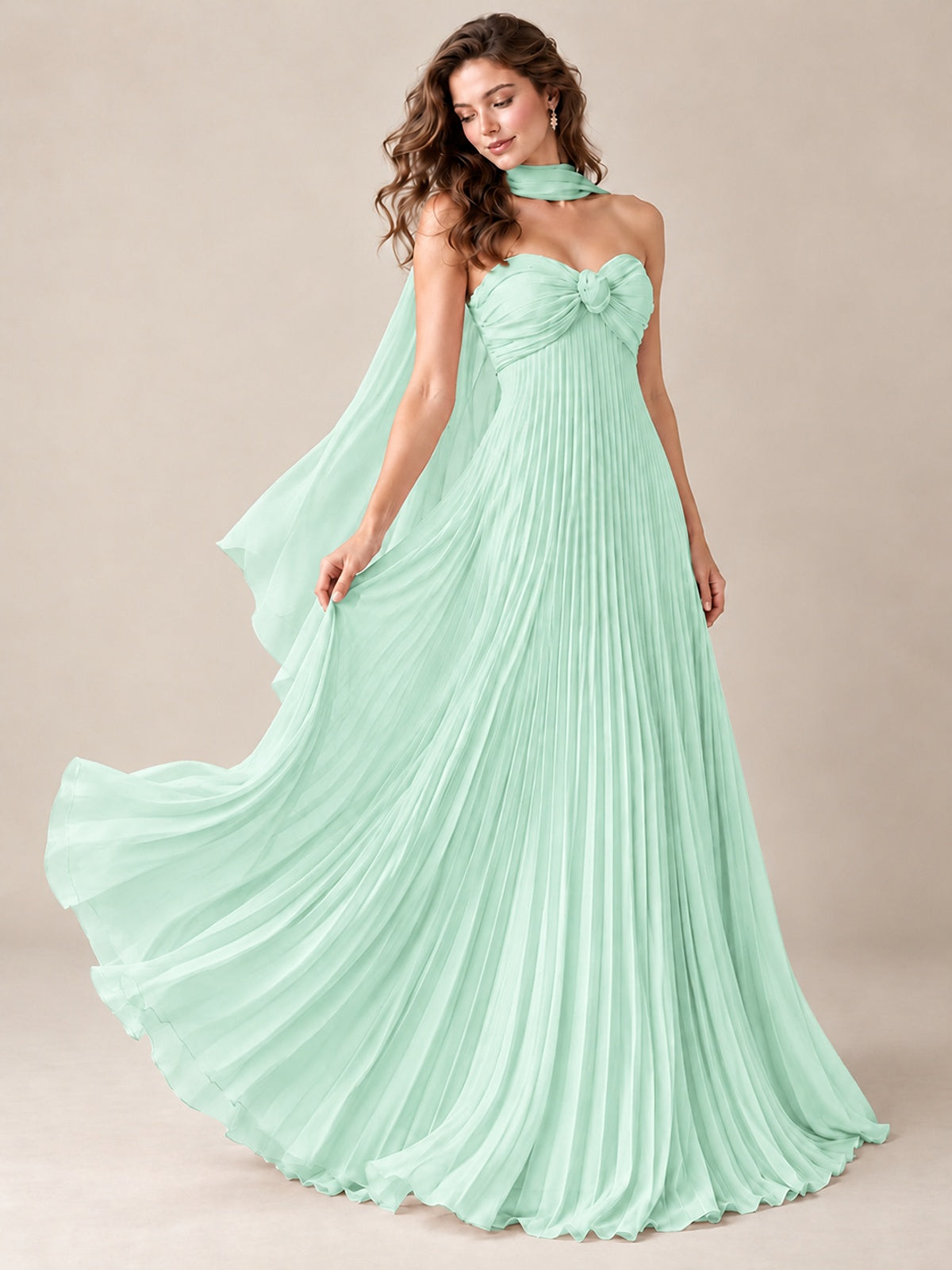 Sweetheart Neckline Pleated Prom Dress Strapless A-line Formal Dress with Flowy Scarf