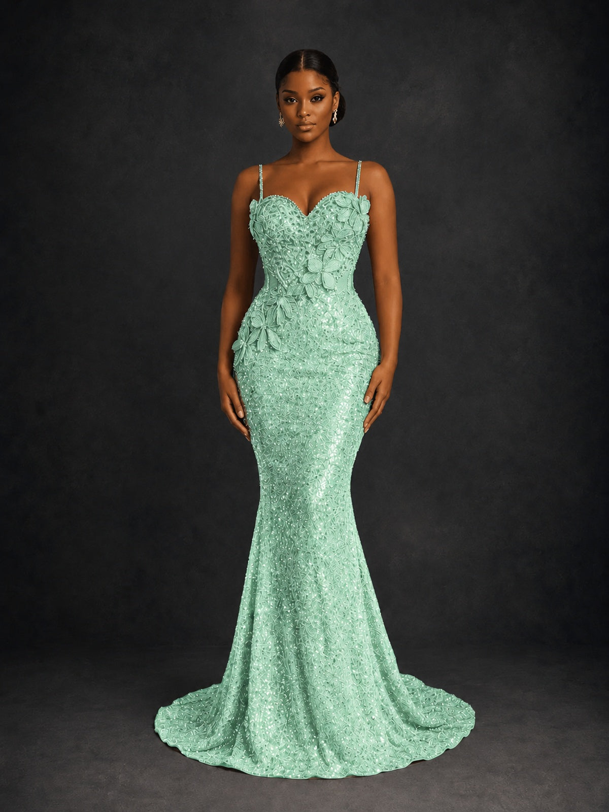 Sequin Mermaid Prom Dress with Floral Applique