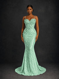 Sequin Mermaid Prom Dress with Floral Applique