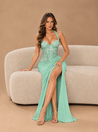 Sweetheart Halter Prom Dress Pleated Lace Floral Formal Dress with Slit