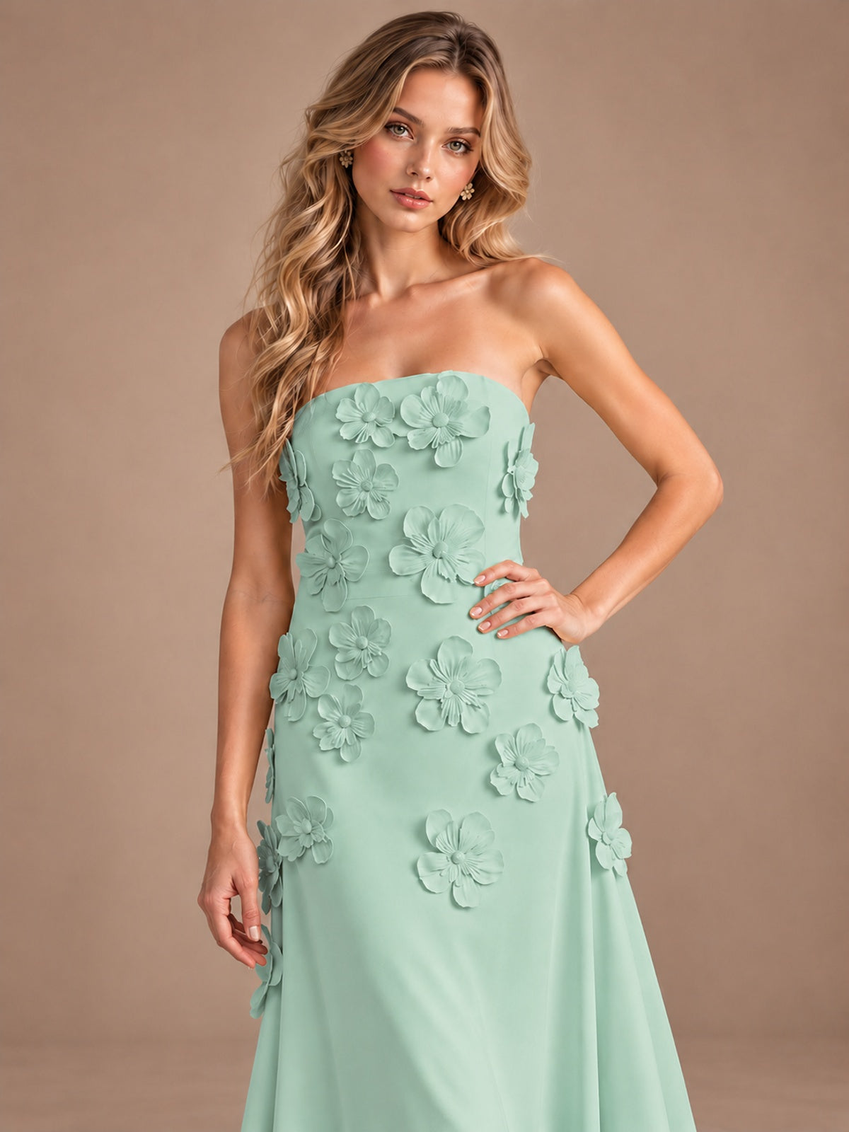 Yellow Strapless A-line Satin Maxi Dress with 3D Floral