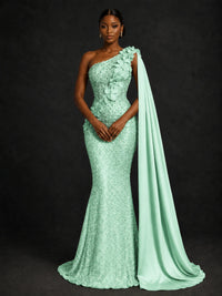 Gold Sequin One Shoulder Mermaid Prom Dress with Cape