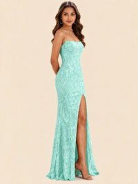 Sequin Lace Appliques Mermaid Prom Dress Spaghetti Strap Formal Gowns with Slit