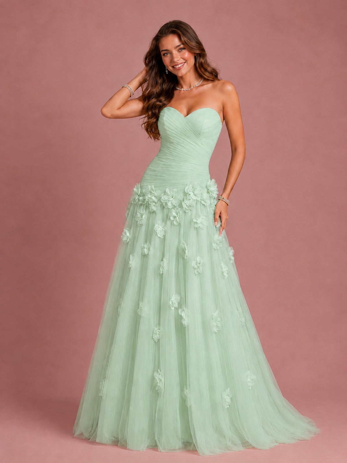 Blush Pink Strapless Sweetheart 3D Floral Tulle Ball Gown Prom Dres