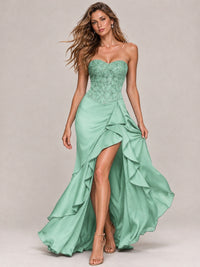 Strapless Lace Appliques Corset Satin Prom Dress Ruffle Slit Evening Gown