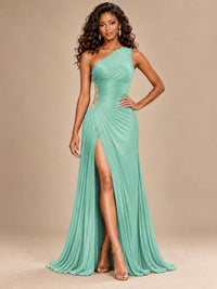 Burgundy One Shoulder Ruched Prom Dress with High Slit & Beaded Waist