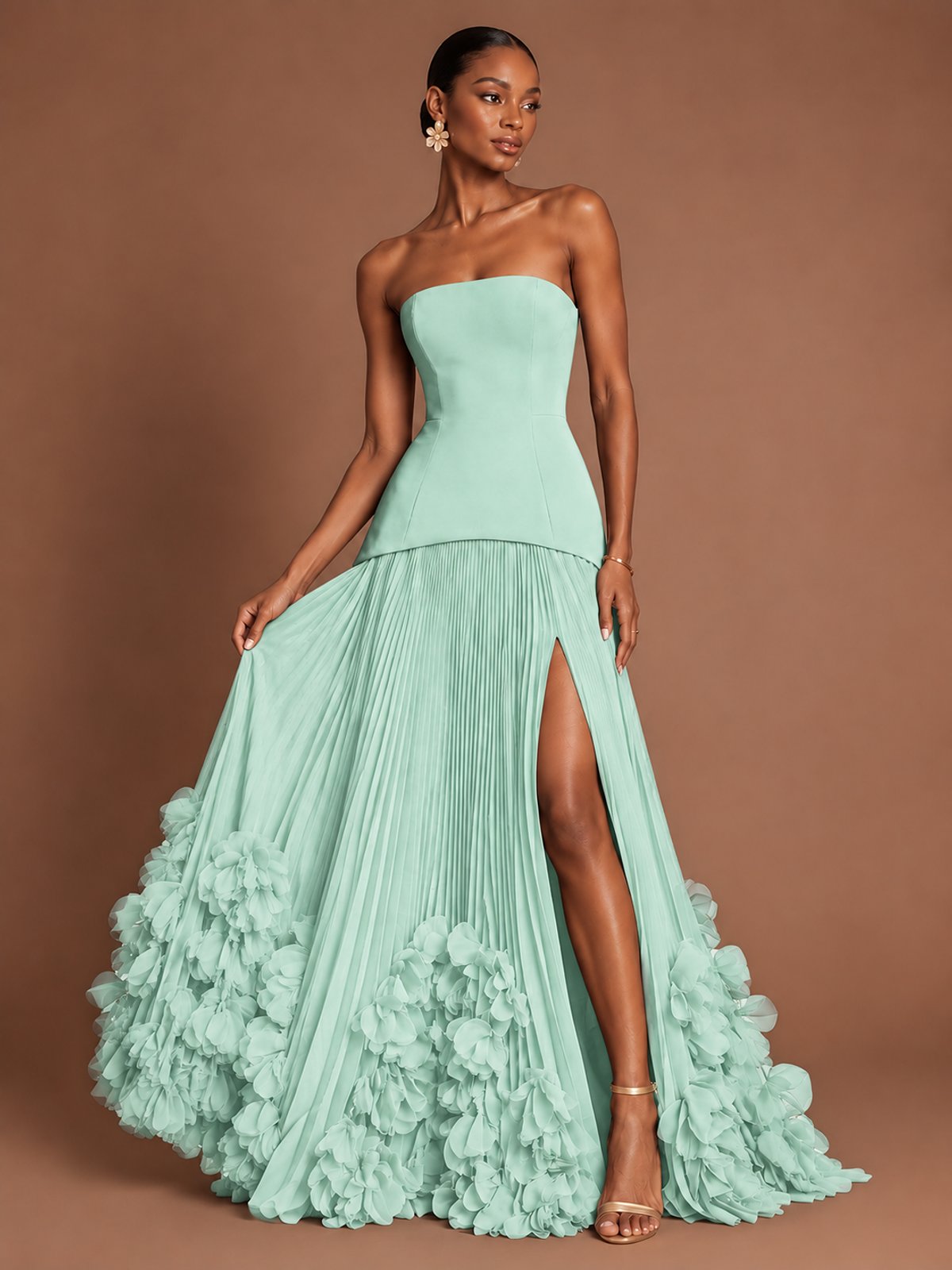 Strapless Pleated Floral Satin Formal Dress with Side Slit