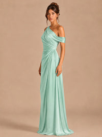 Satin One Shoulder Prom Dress Ruched Long Formal Evening Gown