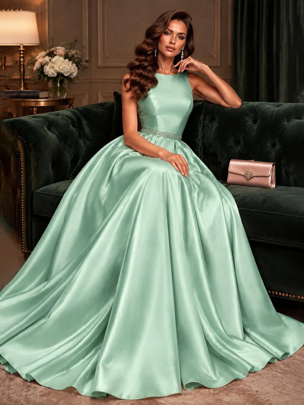 Satin A-Line Prom Dress Sleeveless Beaded Waist Formal Gown with Pockets