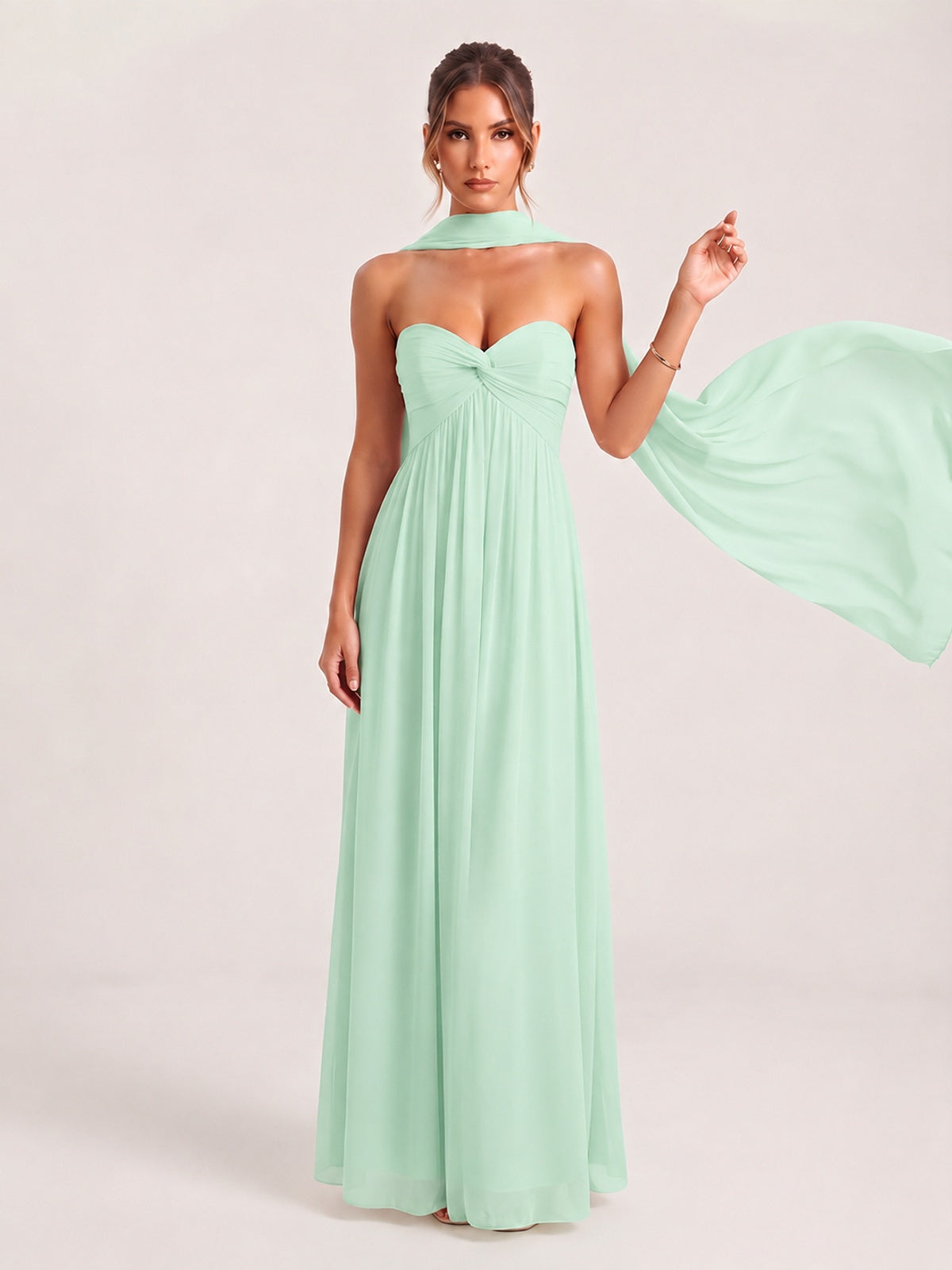 Strapless Ruched Chiffon Long Prom Dress with Scarf