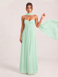 Strapless Ruched Chiffon Long Prom Dress with Scarf