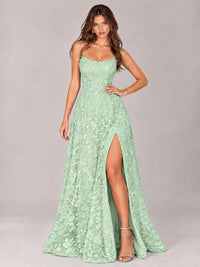 Floral Lace A-Line Prom Dress with Spaghetti Straps & High Slit