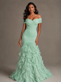 Pink Off-the-Shoulder Mermaid Prom Dress with Ruffles 3D Flowers