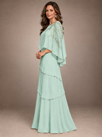 Elegant Chiffon Cape Sleeve Beaded Mother of the Bride Dress