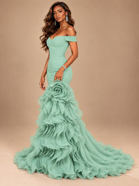 Dusty Blue Off-the-Shoulder Mermaid Prom Dress with 3D Rose & Ruffles