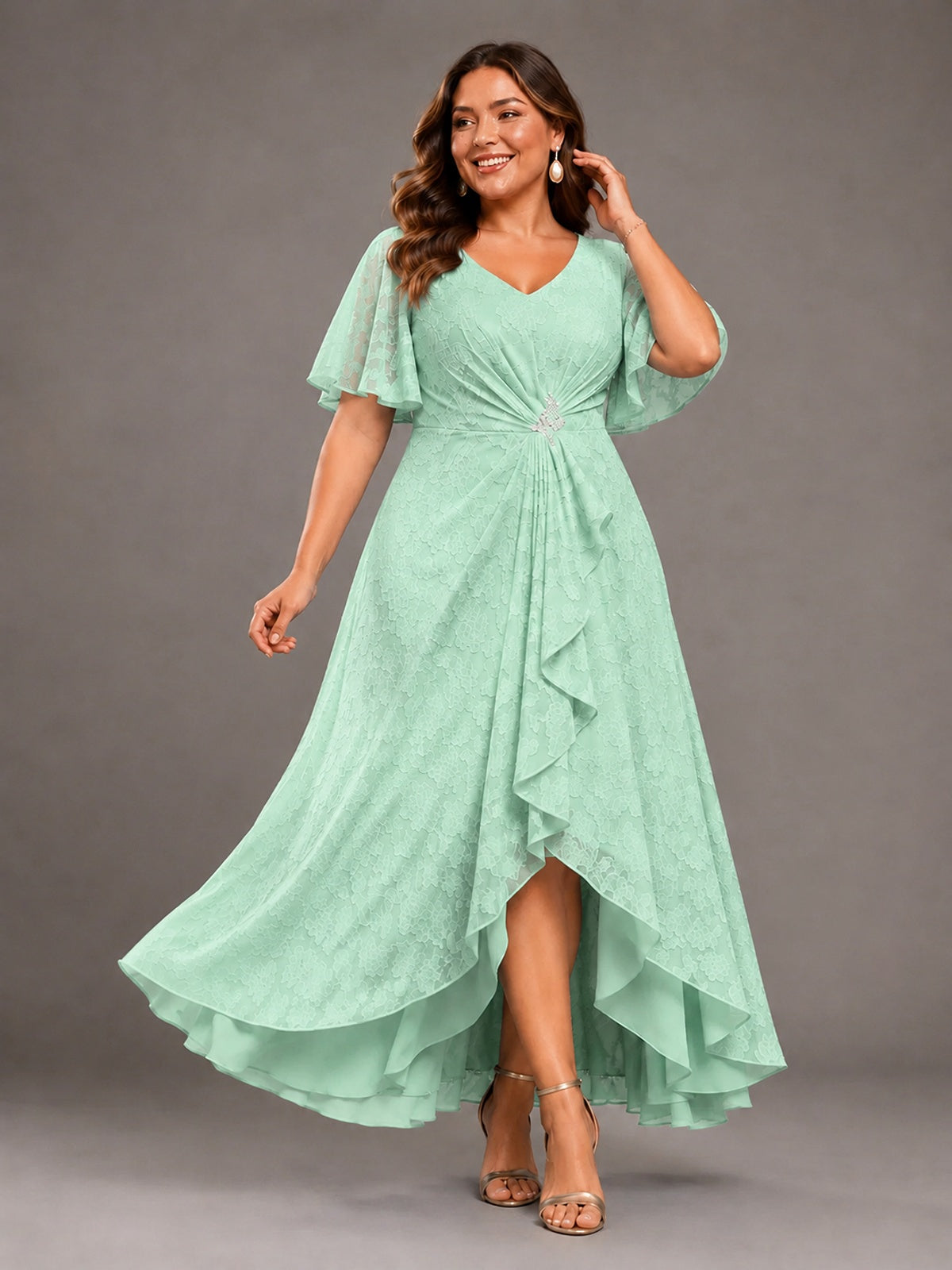 Jacquard Chiffon A-Line V-Neck High-Low Mother of the Bride Dress