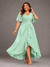 Jacquard Chiffon A-Line V-Neck High-Low Mother of the Bride Dress