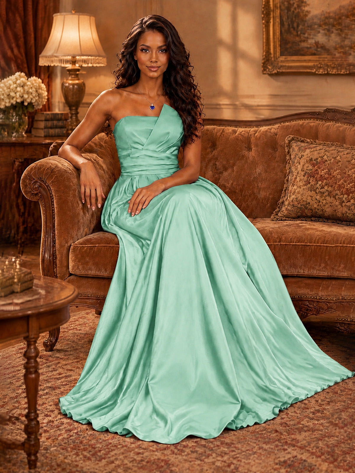 Draped Satin Prom Dress Strapless A-line Formal Dress Floor Length
