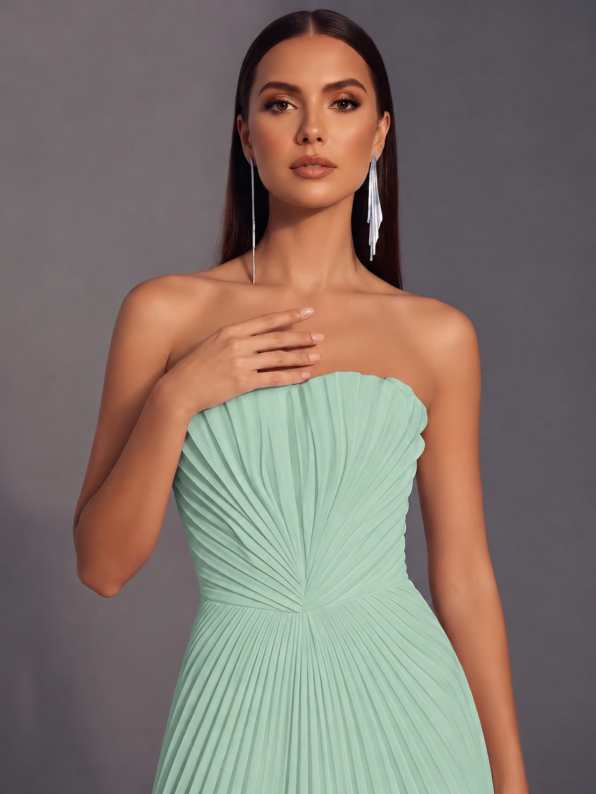 Strapless A-line Long Pleated Satin Prom Dress