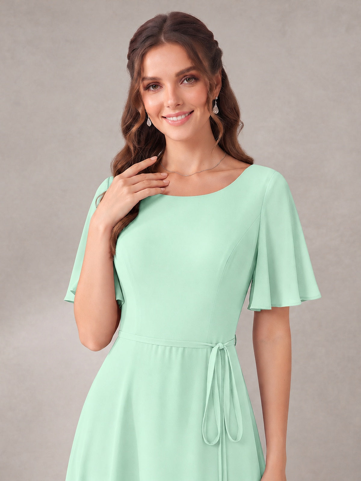 Scoop Neck A-line Chiffon Bridesmaid Dress with Flutter Sleeve & Belt