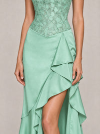 Strapless Lace Appliques Corset Satin Prom Dress Ruffle Slit Evening Gown