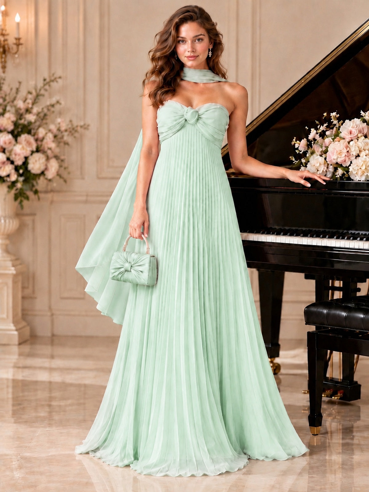 Sweetheart Neckline Pleated Prom Dress Strapless A-line Formal Dress with Flowy Scarf
